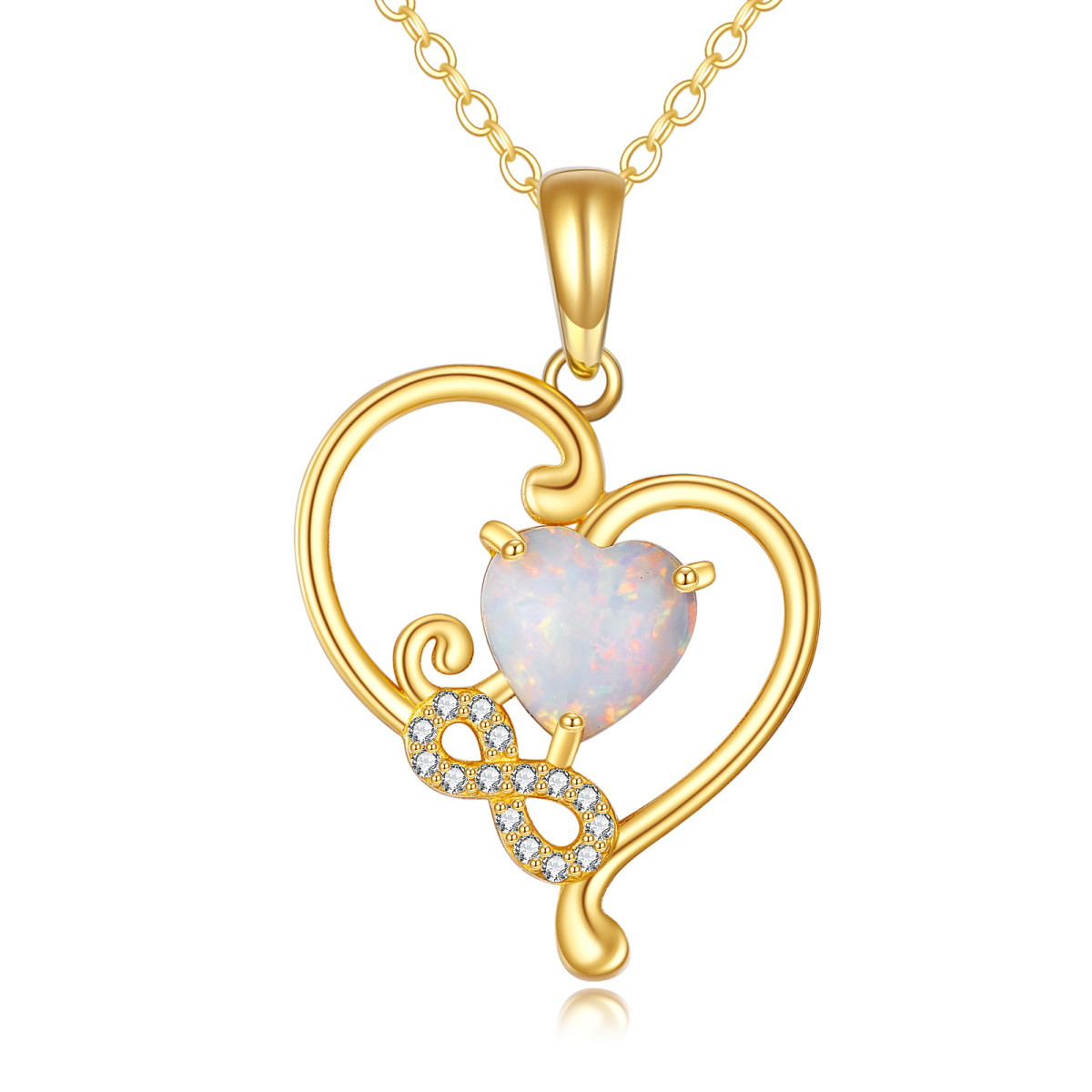 14K Gold Heart Shaped Opal Heart With Heart & Infinity Symbol Pendant Necklace-1