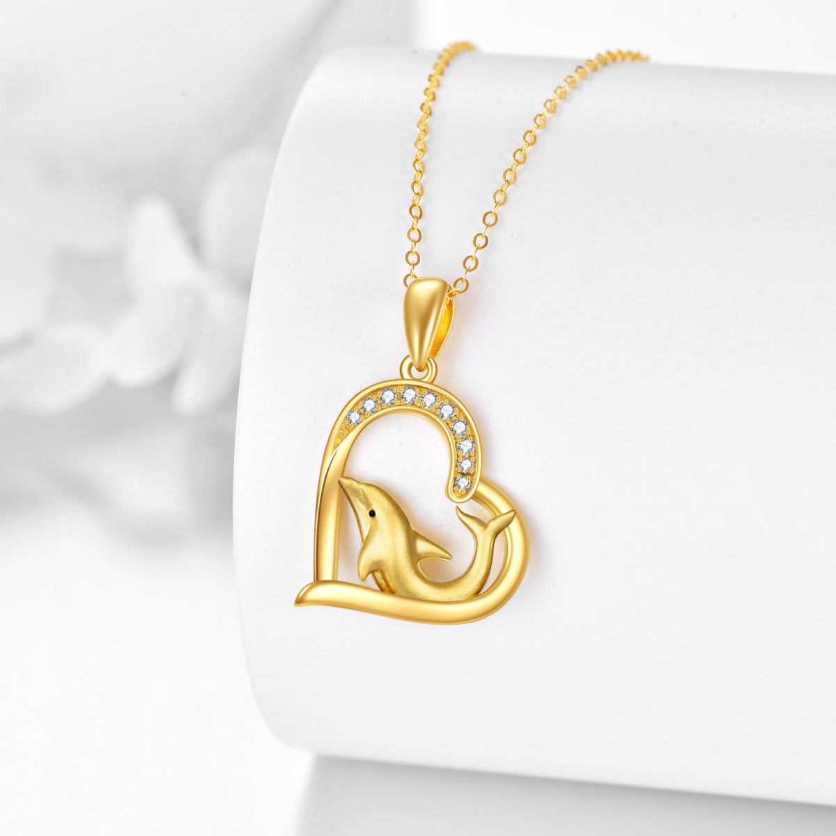 14K Gold Circular Shaped Cubic Zirconia Dolphin & Heart Pendant Necklace-3