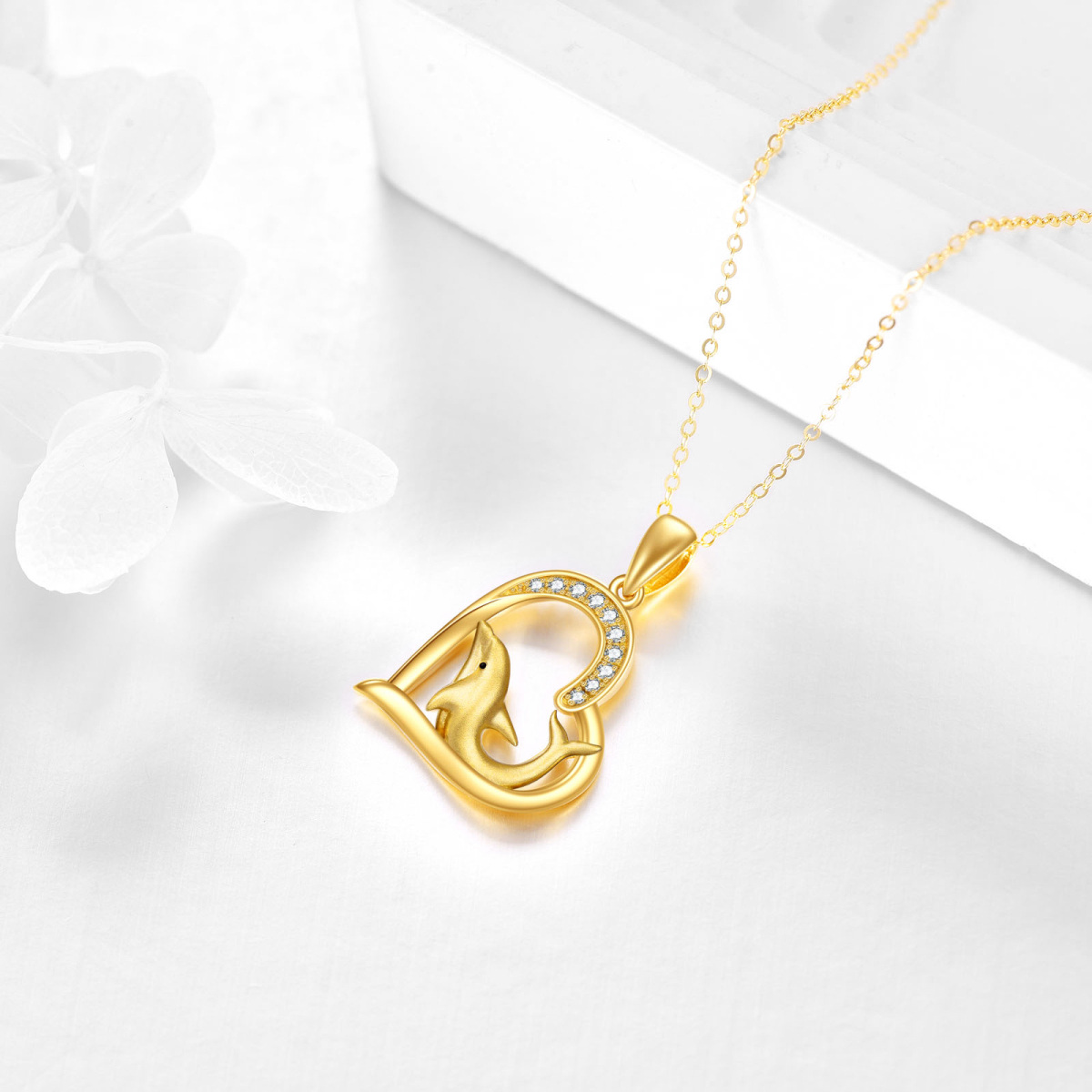 14K Gold Circular Shaped Cubic Zirconia Dolphin & Heart Pendant Necklace-4