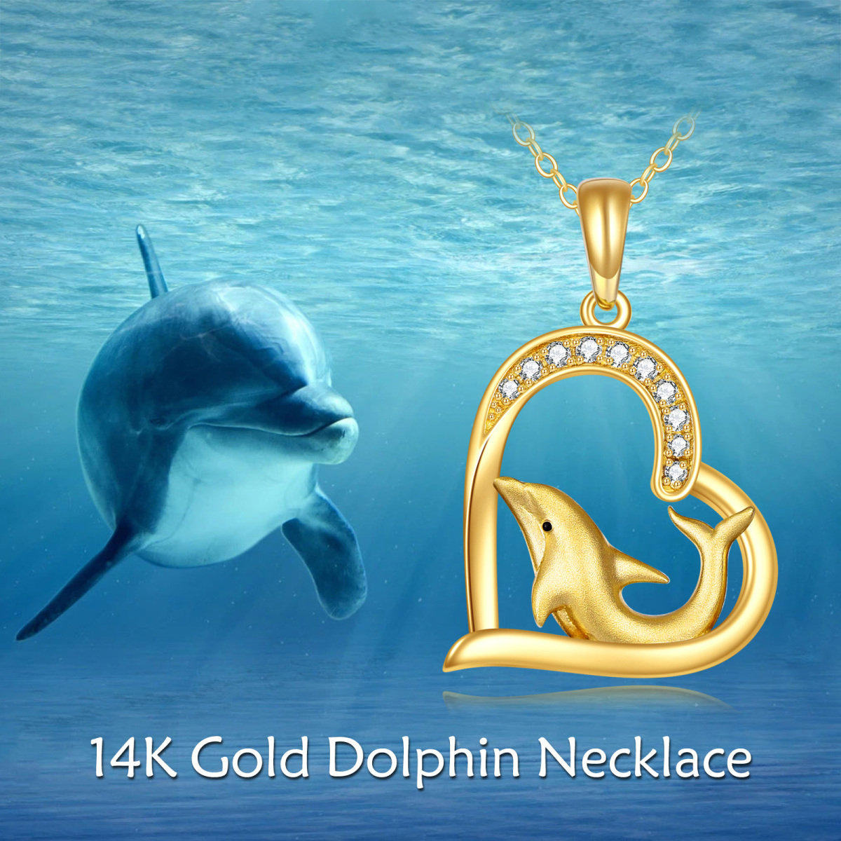 14K Gold Circular Shaped Cubic Zirconia Dolphin & Heart Pendant Necklace-6