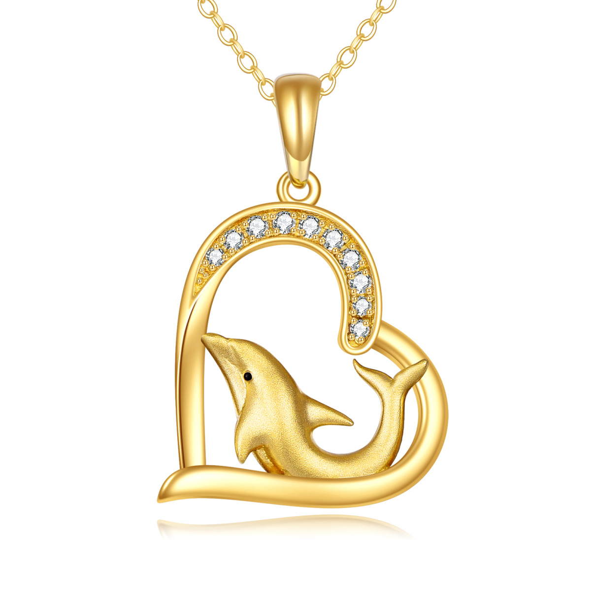 14K Gold Circular Shaped Cubic Zirconia Dolphin & Heart Pendant Necklace-1