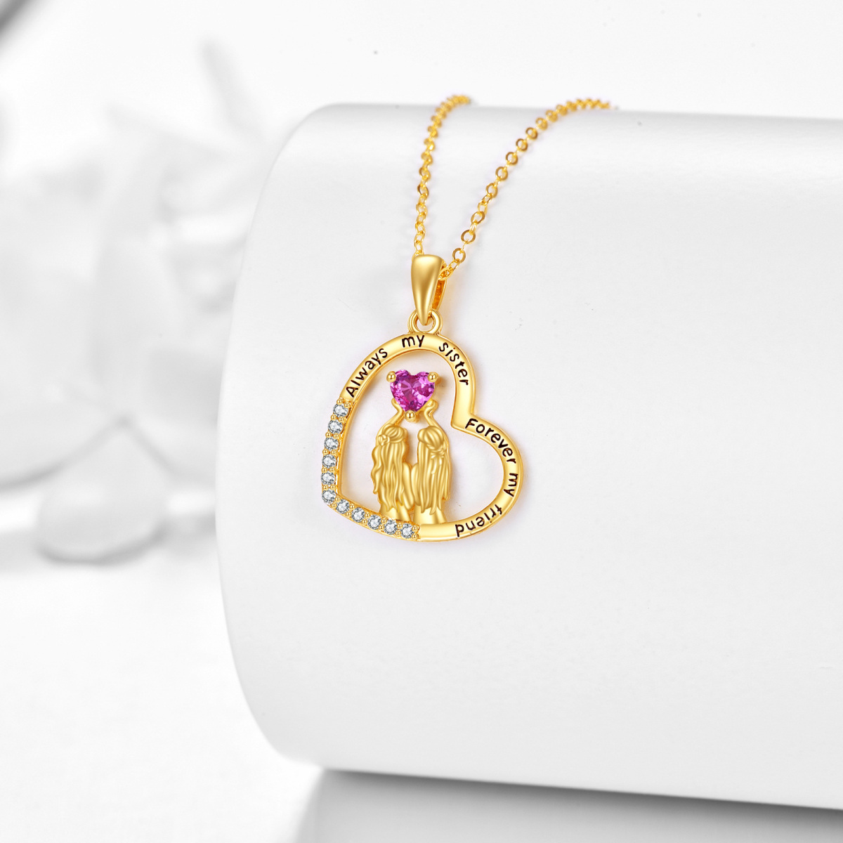 14K Gold Cubic Zirconia 2 Sisters in Heart Pendant Necklace-3