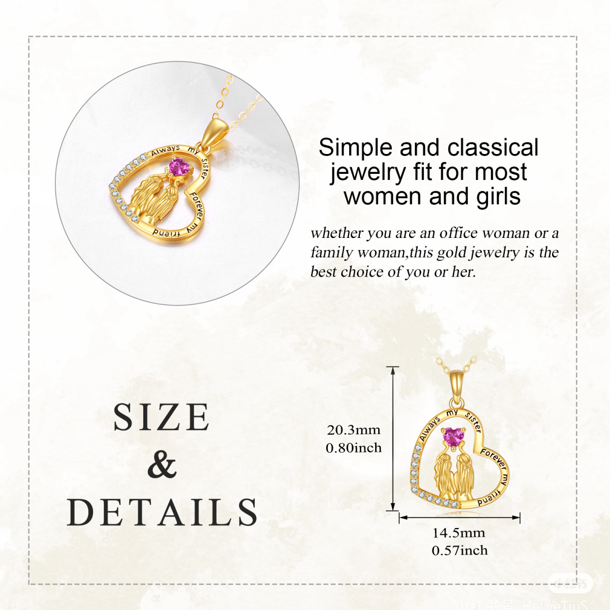 14K Gold Cubic Zirconia 2 Sisters in Heart Pendant Necklace-6