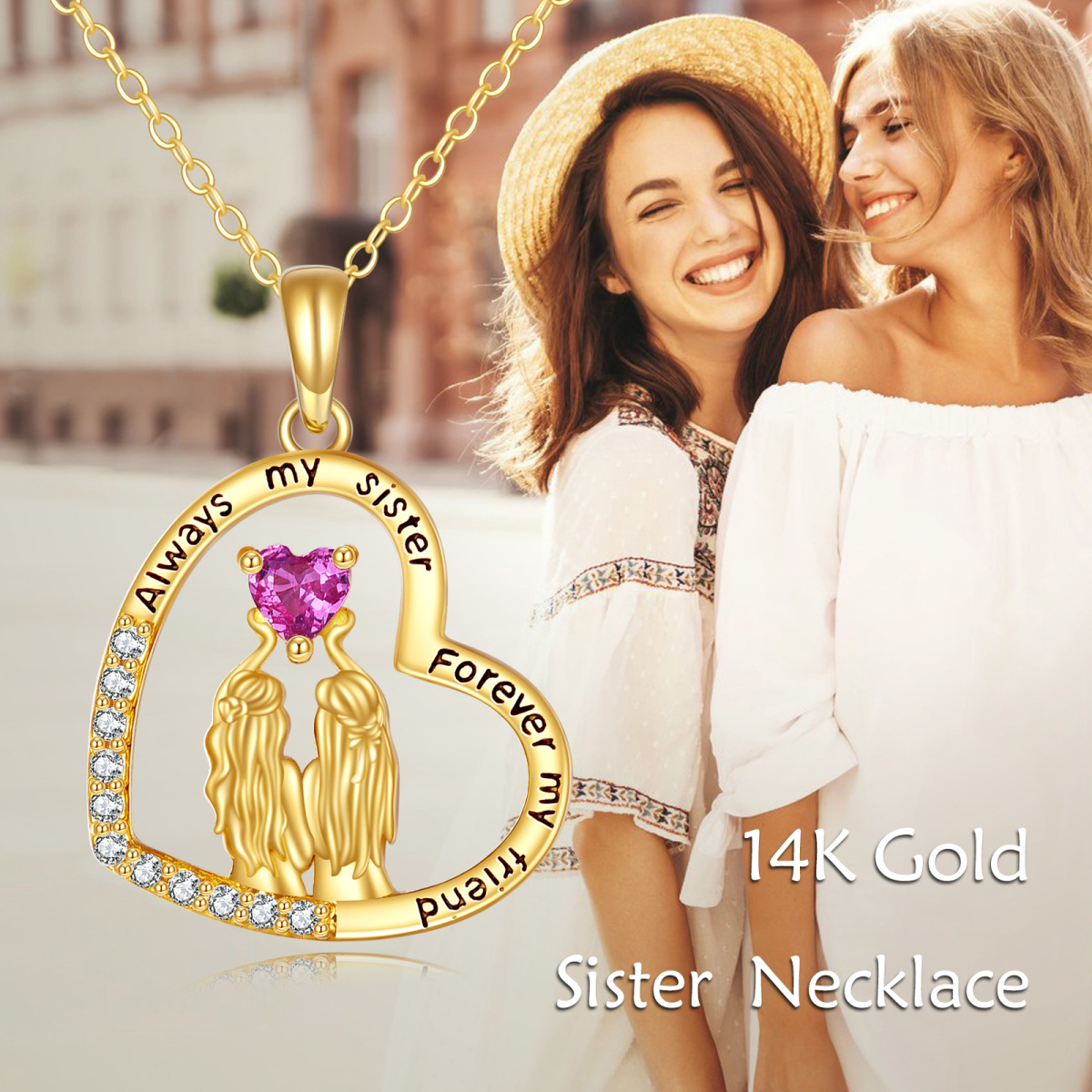 14K Gold Cubic Zirconia 2 Sisters in Heart Pendant Necklace-5