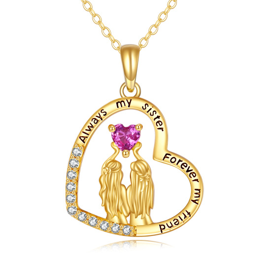 14K Gold Cubic Zirconia 2 Sisters in Heart Pendant Necklace