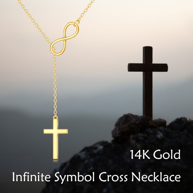 Collar en Y no ajustable de oro de 10 quilates con cruz y símbolo del infinito-4