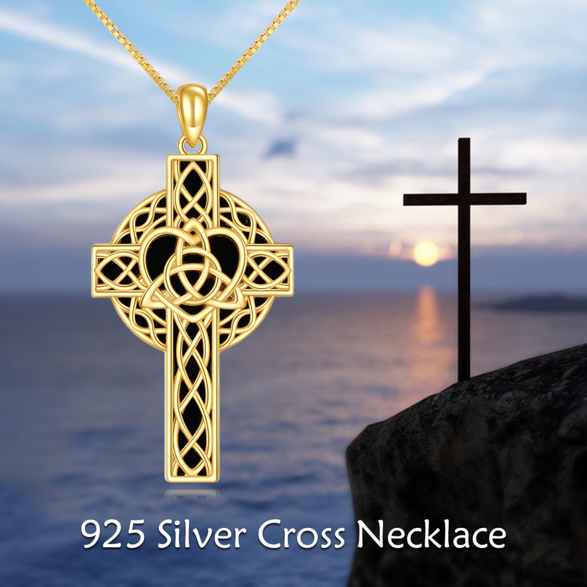 Collier en argent sterling avec pendentif en agate plaqué or jaune nœud celtique et croix-6