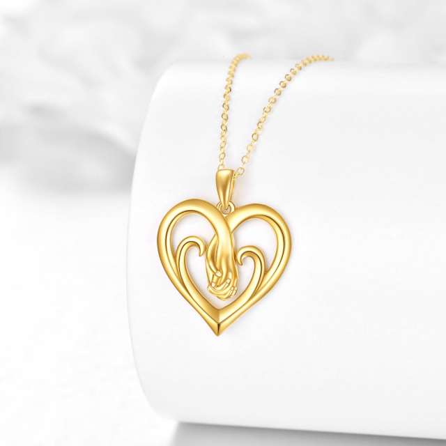 10K Gold Heart With Heart & Hold Hands Pendant Necklace-2