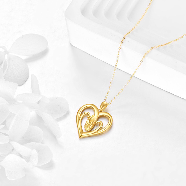 10K Gold Heart With Heart & Hold Hands Pendant Necklace-3