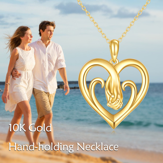 10K Gold Heart With Heart & Hold Hands Pendant Necklace-4