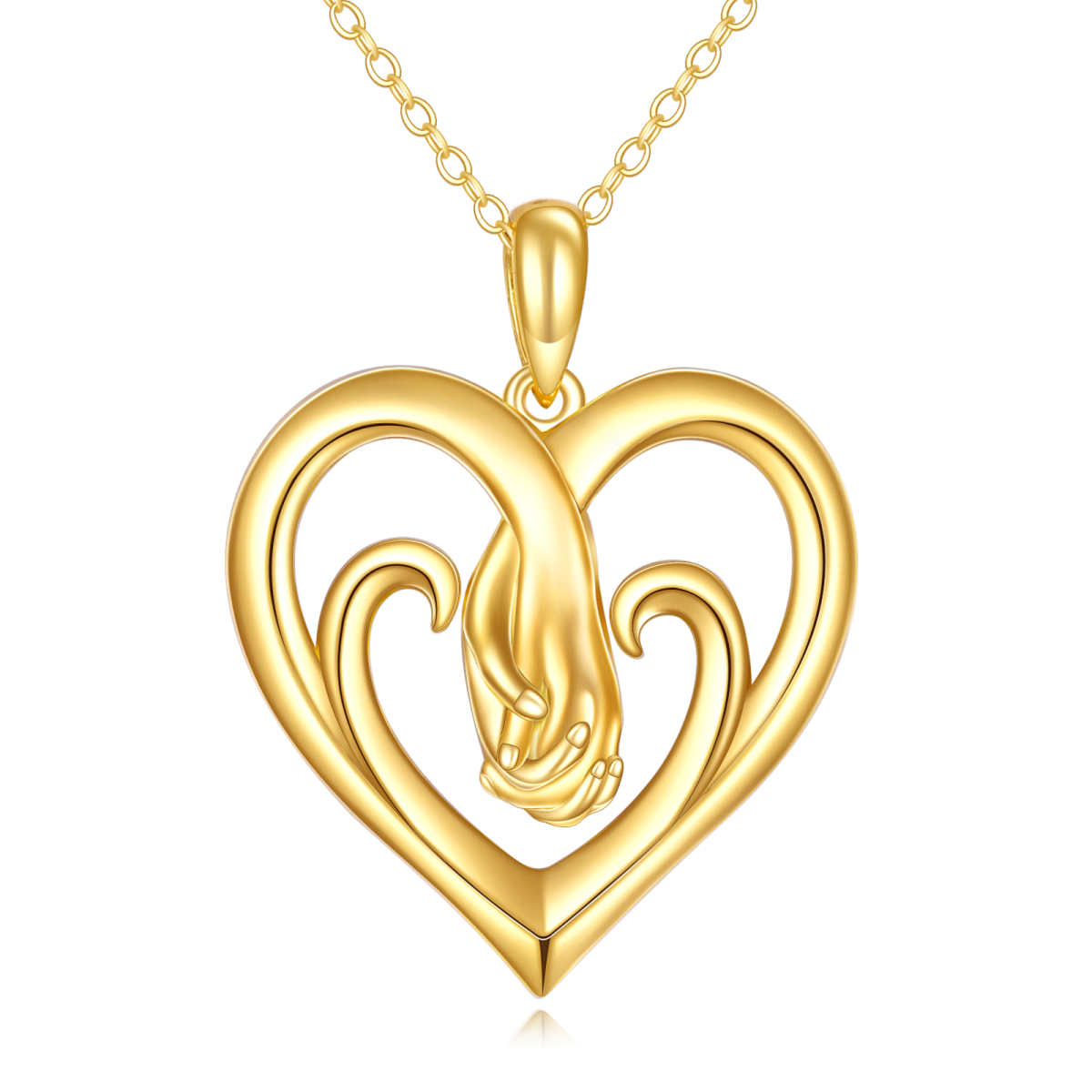 10K Gold Heart With Heart & Hold Hands Pendant Necklace-1