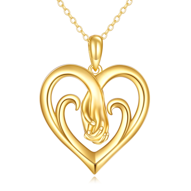 10K Gold Heart With Heart & Hold Hands Pendant Necklace-0