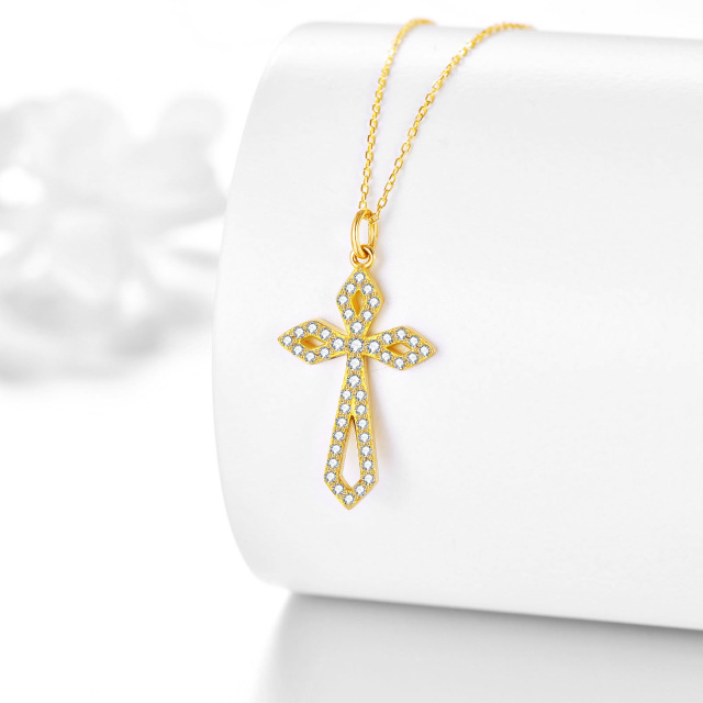 10K Gold Cubic Zirconia Cross Pendant Necklace-3