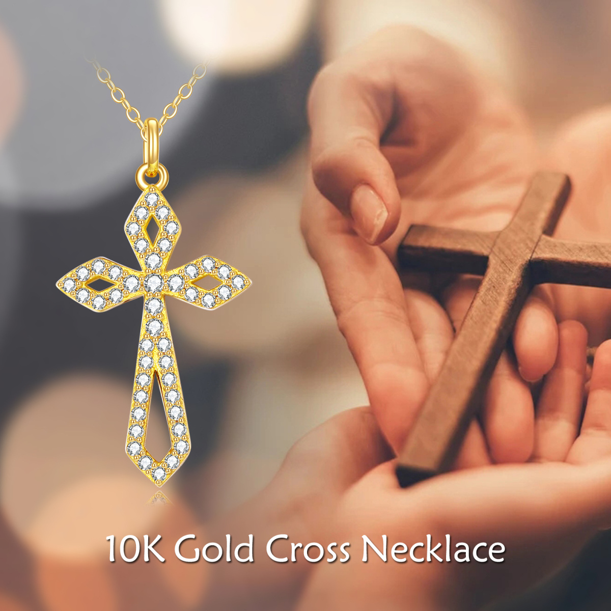 10K Gold Cubic Zirconia Cross Pendant Necklace-6