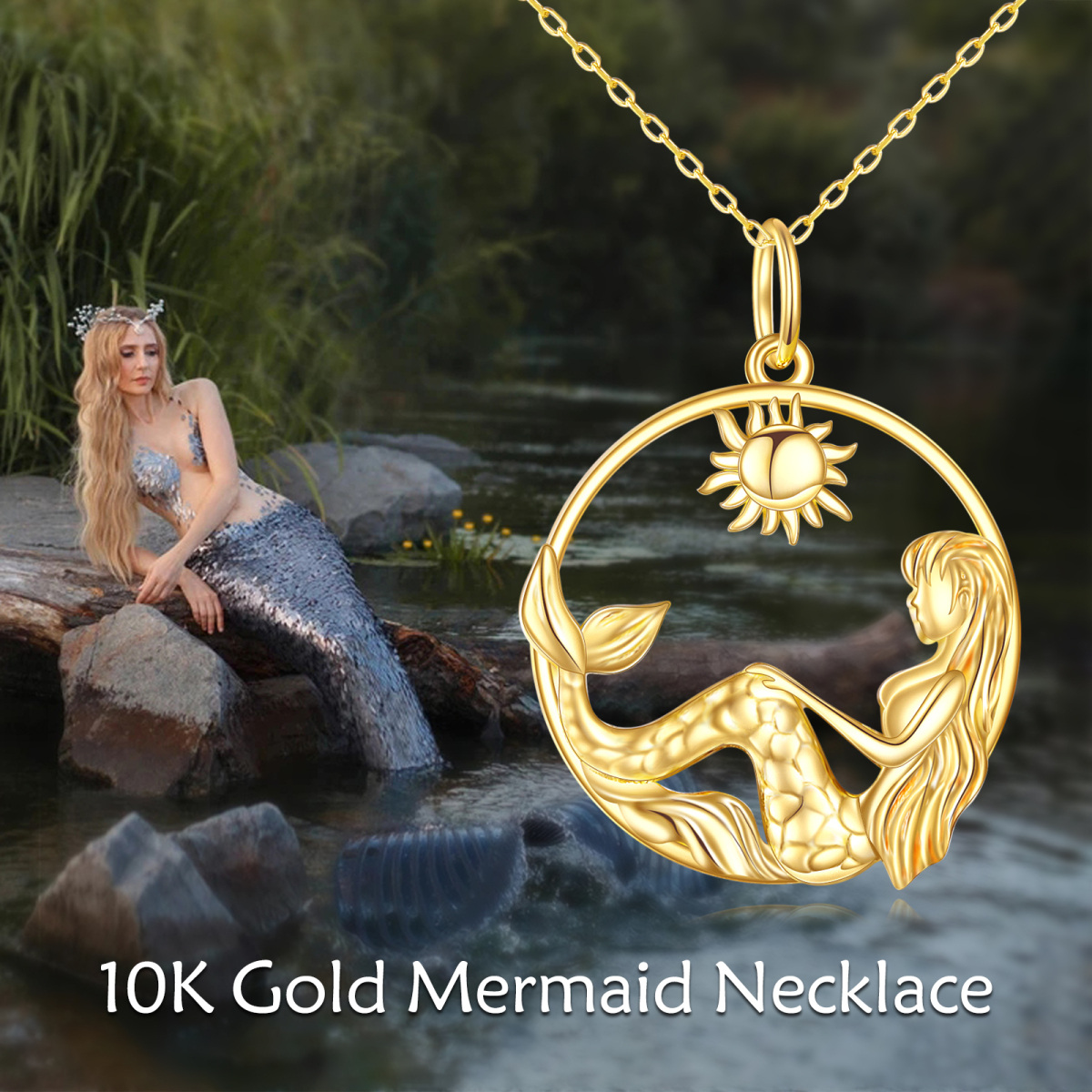 10K Gold Meerjungfrau Schwanz & Sonne Anhänger Halskette-6