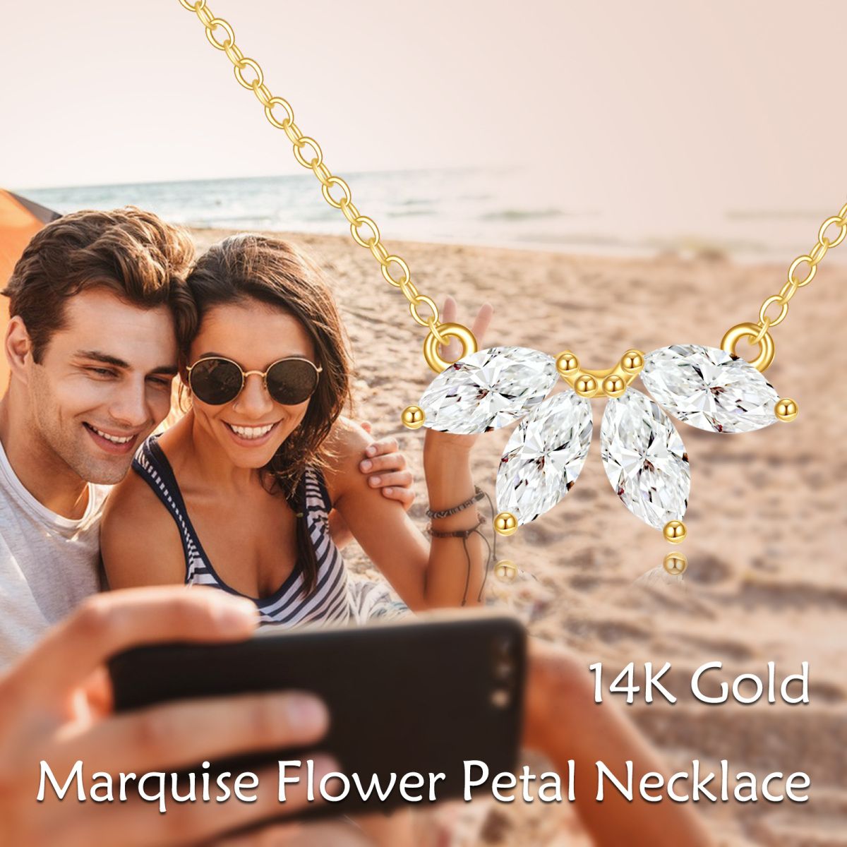 14K Gold Marquise Shaped Zircon Marquis Flower Pendant Necklace-6