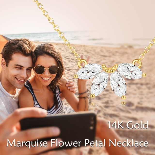 14K Gold Marquise Shaped Zircon Marquis Flower Pendant Necklace-5