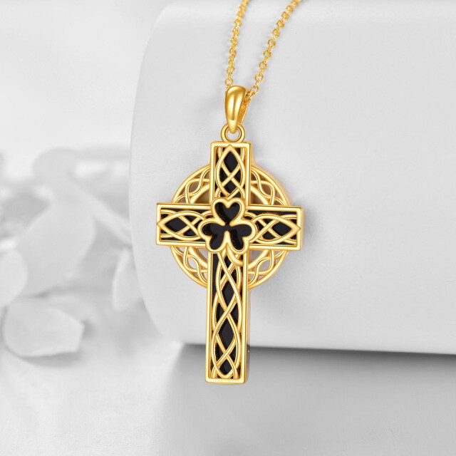 Sterling Silver with Yellow Gold Plated Agate Shamrock & Celtic Knot & Cross Pendant Necklace-2