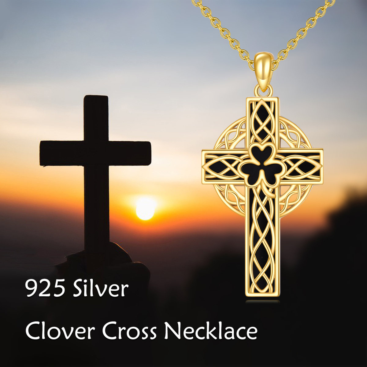 Sterling Silver with Yellow Gold Plated Agate Shamrock & Celtic Knot & Cross Pendant Necklace-6