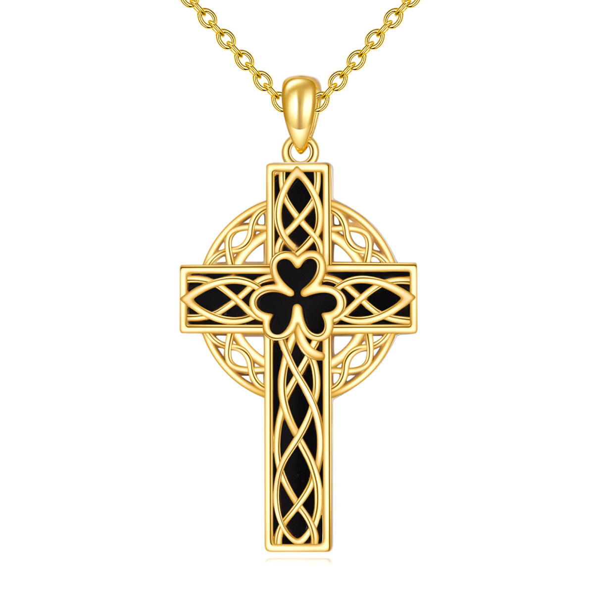 Sterling Silver with Yellow Gold Plated Agate Shamrock & Celtic Knot & Cross Pendant Necklace-1