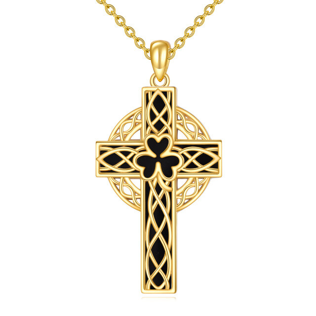Sterling Silver with Yellow Gold Plated Agate Shamrock & Celtic Knot & Cross Pendant Necklace-0