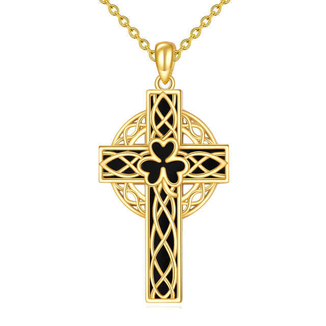 Sterling Silver with Yellow Gold Plated Agate Shamrock & Celtic Knot & Cross Pendant Necklace-4