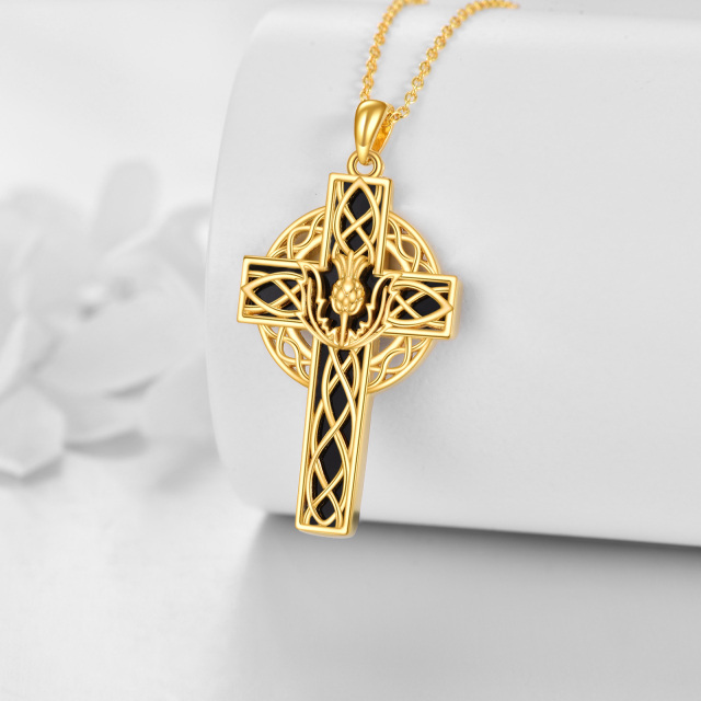 Sterling Silver with Yellow Gold Plated Agate Thistle & Celtic Knot & Cross Pendant Necklace-2