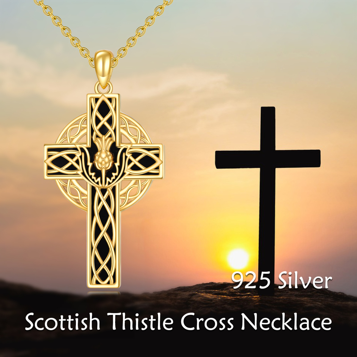 Sterling Silver with Yellow Gold Plated Agate Thistle & Celtic Knot & Cross Pendant Necklace-6