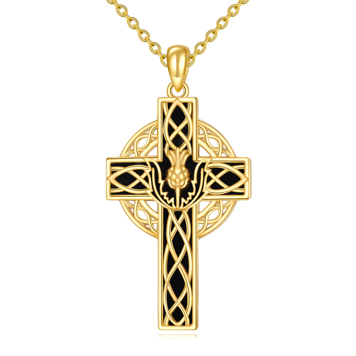 Sterling Silver with Yellow Gold Plated Agate Thistle & Celtic Knot & Cross Pendant Necklace-1