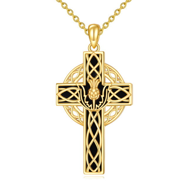 Sterling Silver with Yellow Gold Plated Agate Thistle & Celtic Knot & Cross Pendant Necklace-0