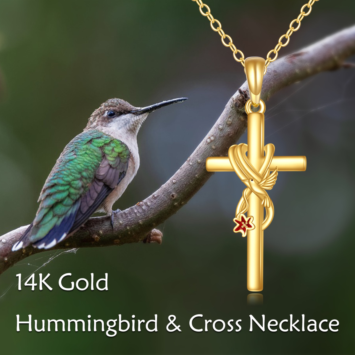 14K Gold Hummingbird & Lily & Cross Pendant Necklace-6