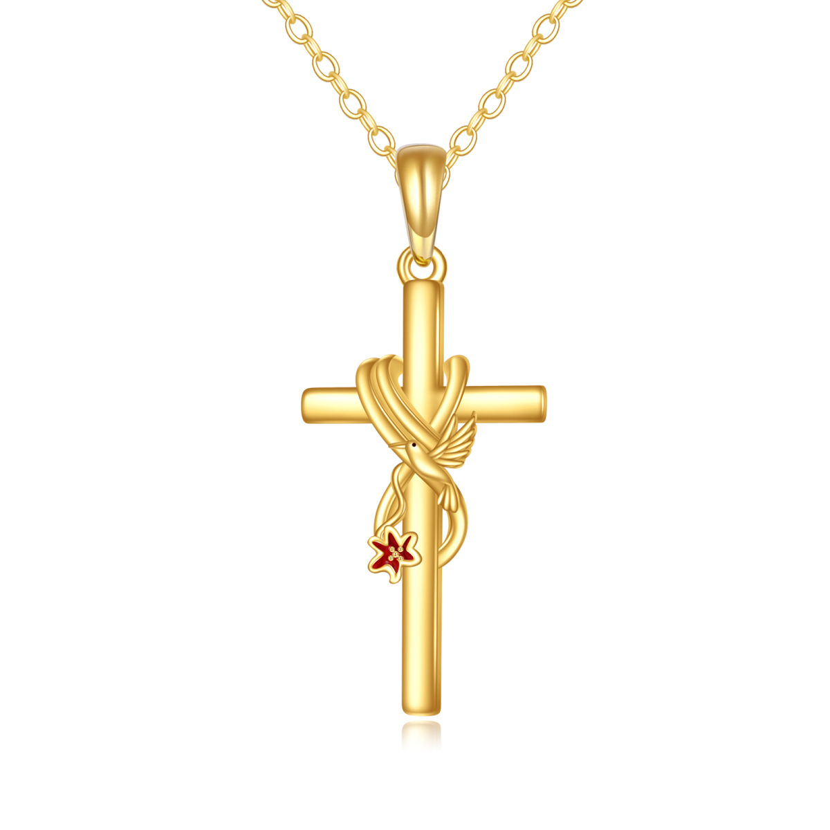 14K Gold Hummingbird & Lily & Cross Pendant Necklace-1