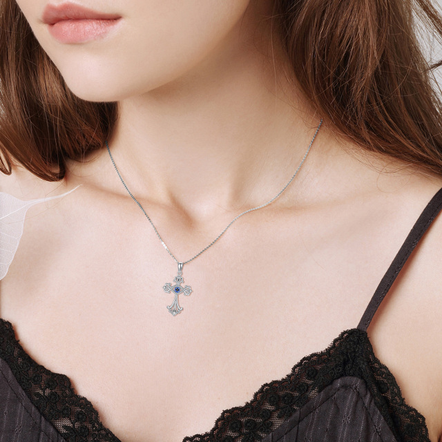 Sterling Silver Round Cubic Zirconia Cross Pendant Necklace-2