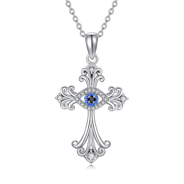 Sterling Silver Round Cubic Zirconia Cross Pendant Necklace-1