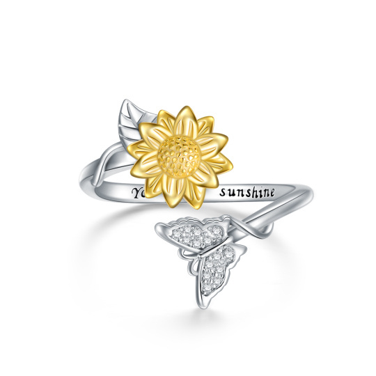 Anillo abierto de plata de ley bicolor con mariposa y girasol y palabra grabada