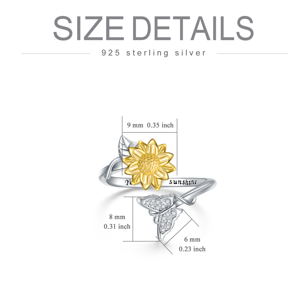 Sterling Silber Zweifarbiger Schmetterling & Sonnenblume Offener Ring mit eingraviertem Wo-6