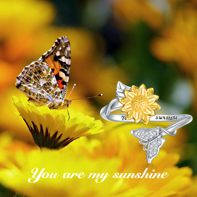 Sterling Silver Two-tone Butterfly & Sunflower Open Ring with Engraved Word-2
