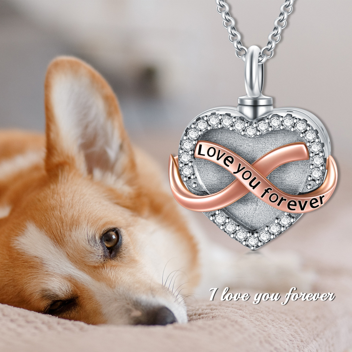 Collar de urna con símbolo de infinito de corazón de dos tonos de plata de ley para cenizas con palabra grabada-3