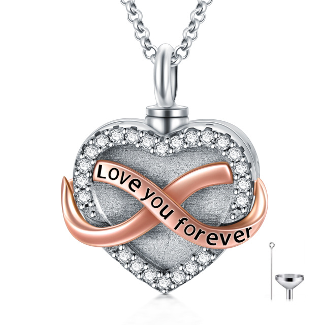 Sterling Silver Two-tone Heart & Infinity Symbol Urn Necklace for Ashes with Engraved Word-1
