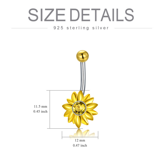 Sterling Silver Two-tone Circular Shaped Crystal Sunflower Belly Button Ring-5