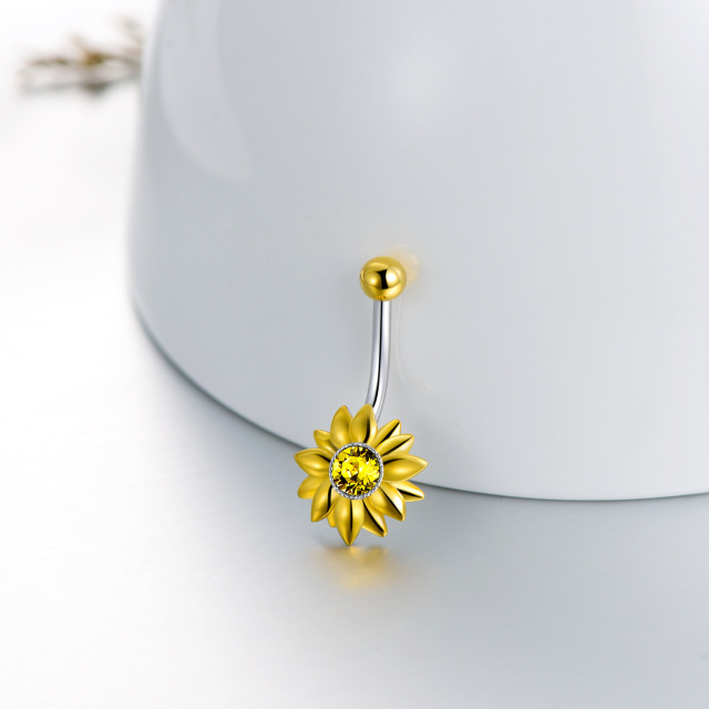 Sterling Silver Two-tone Circular Shaped Crystal Sunflower Belly Button Ring-3