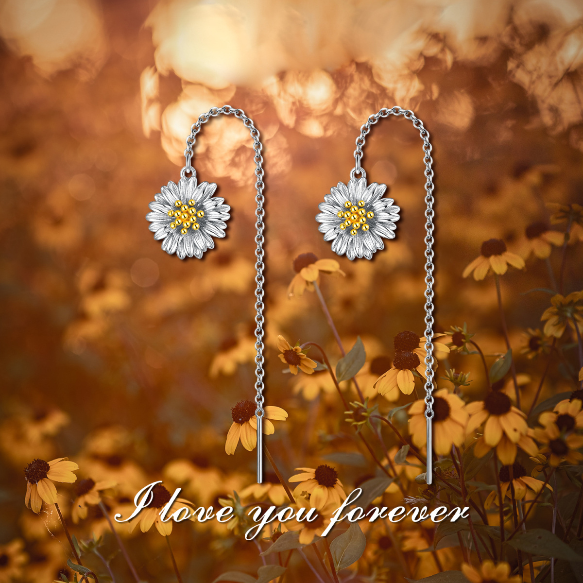 Sterling Silver Two-tone Daisy Drop Earrings-3