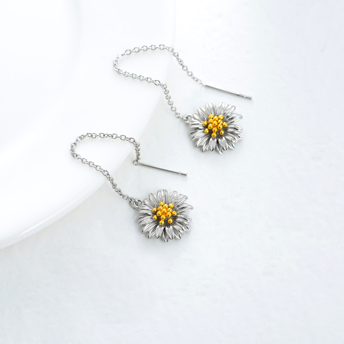 Boucles d'oreilles marguerite en argent sterling bicolore-4