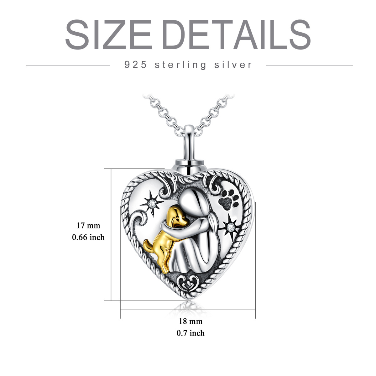 Sterling Silver Two-tone Circular Shaped Cubic Zirconia Dog & Heart Urn Necklace for Ashes with Engraved Word-6
