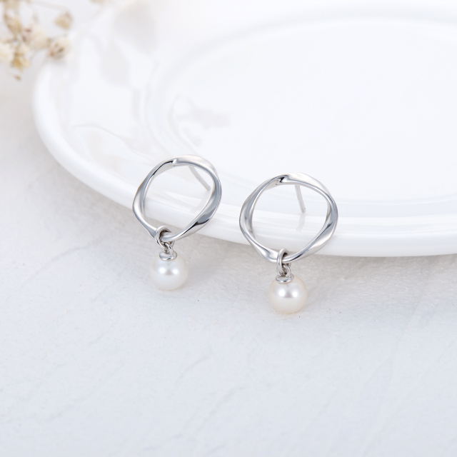 Sterling Silver Circular Shaped Pearl Circle Drop Earrings-3