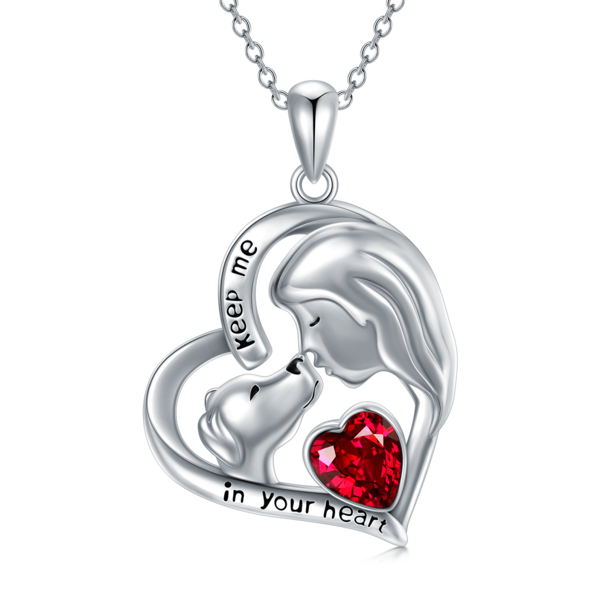 Sterling Silver Heart Shaped Crystal Dog & Heart Pendant Necklace-1