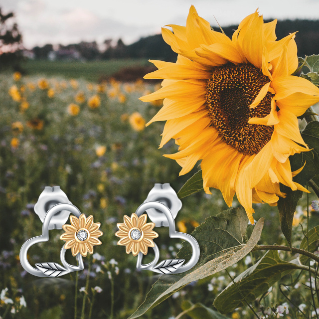 14K White Gold & Yellow Gold Cubic Zirconia Sunflower Stud Earrings-3