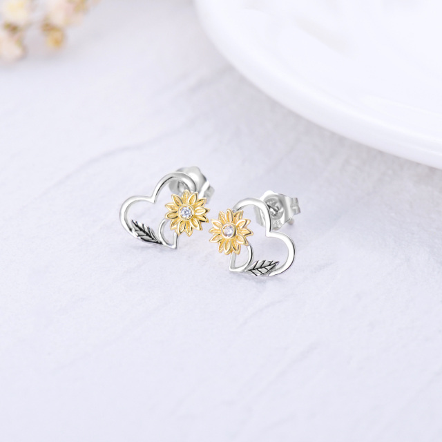 14K White Gold & Yellow Gold Cubic Zirconia Sunflower Stud Earrings-2