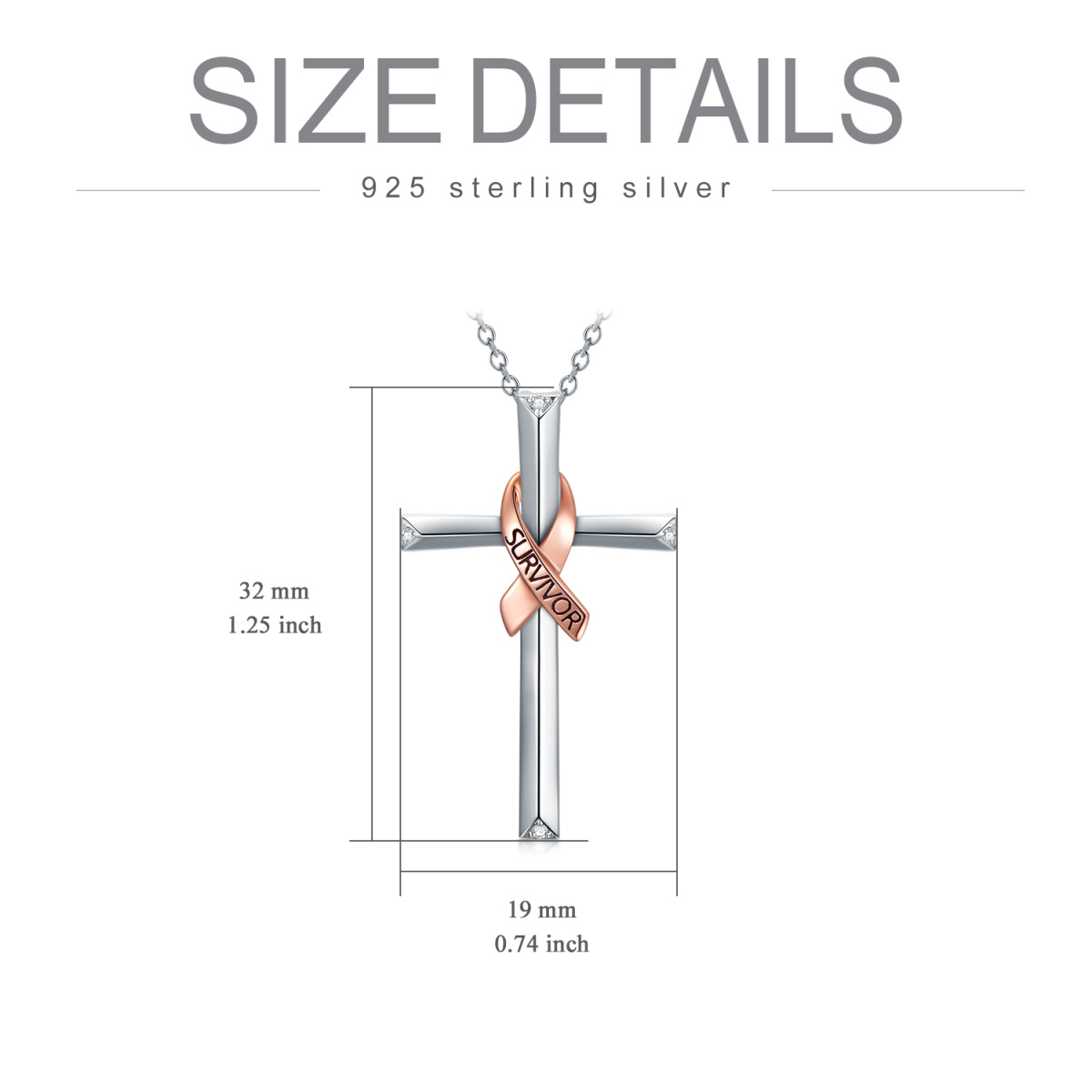 Sterling Silver Two-tone Cubic Zirconia Cross & Ribbon Pendant Necklace with Engraved Word-6
