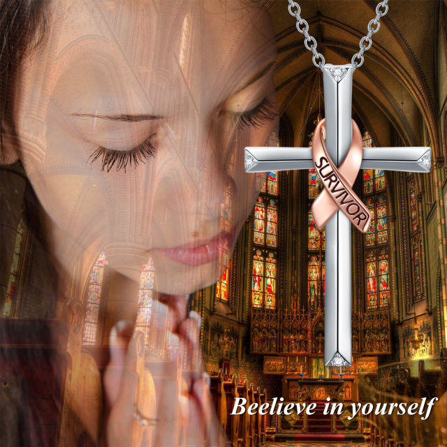Sterling Silver Two-tone Cubic Zirconia Cross & Ribbon Pendant Necklace with Engraved Word-3